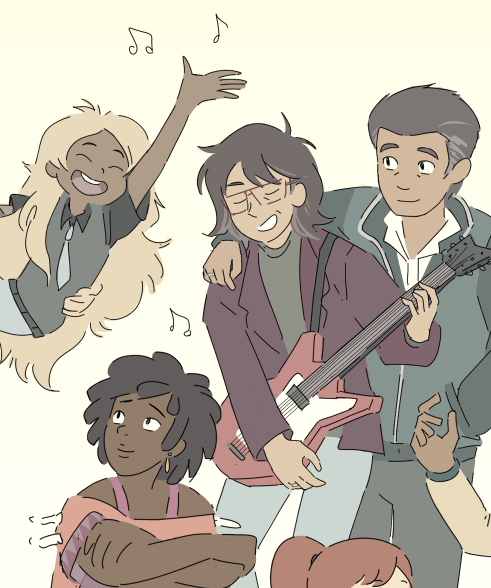 Closeup of Hazel singing, Ryan playing guitar, and Grace and Min-Gi smiling in Hazel's direction.