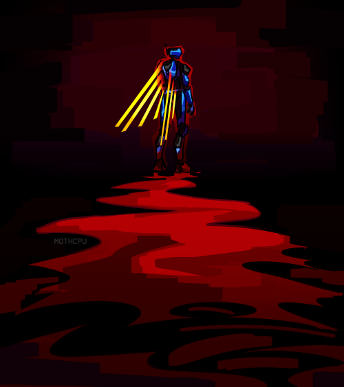 messy digital drawing of V1 standing with its back to the camera with a trail of blood behind it