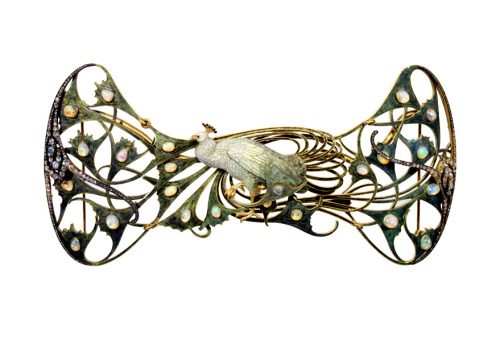 René Lalique, Peacock Pectoral, 1898-1900. Gold, enamel, opals, diamonds. France. Via Calouste Gulbe