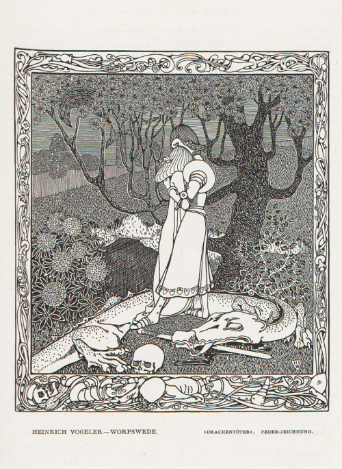 Heinrich Vogeler, Drachentöter, Dragon Slayer, 1902. Ink drawing. Worpswede, Germany. From the magaz