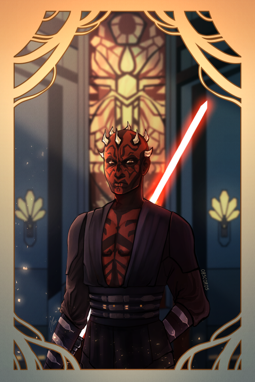 Digital drawing of Darth Maul in his clothes from the Clone Wars season 7 finale, wearing dark open-chested tabards and long sleeves. Behind him he holds his lightsaber as he stares into the "camera" with a frown. Behind is the Mandalorian throne room, with dark blue walls and orange and yellow stained glass behind him. An art deco-esque frame borders the art piece.