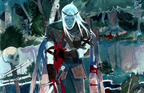 l1p3k4: The Witcher stood before him, motionless, black, with the shining sword in his lowered hand.