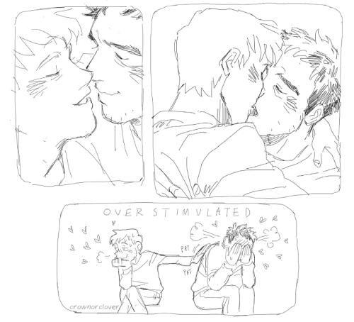 A three panel comic page featuring Reigen Arataka and Serizawa Katsuya from Mob Psycho 100. In panel one they are smiling and leaning in towards each other, and in panel two they are kissing heatedly, grasping the fabric of each other's shirts. Panel three has "OVERSTIMULATED" in large letters at the top, and they are sitting facing away from each other, Reigen smiling and patting Serizawa's back consolingly, and Serizawa blushing furiously with his hands over his face.