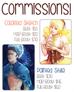 stardustmote:  - Each additional character is +80% of the base price. 5 slots open Now that I have some free time, commissions are open!  You can either send me a message through Tumblr or email me at awyaannette@gmail.com Payment is required upfront