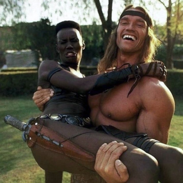 weirdlandtv:Publicity photos of Arnold Schwarzenegger and Grace Jones for CONAN THE DESTROYER (1984).