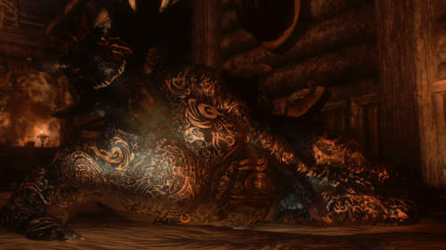 the-dredd:  Messing around with Skyrim again. Argonian hunks just never get old. Tattoos are from “Male Tattoos for Slavetats”. Body is SAM, enb preset is T.A.Z. Visual Overhaul. Poses from Halo’s Poser. 