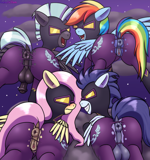 I’m back with the Suggestion Poll pics, 1st place as suggested by @princebluecakethealicorn!4 spooky pegasi haunting the heights above ponyville >:Dhi-res: normal, torn