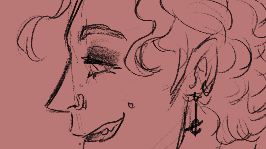 An uncolored digital sketch of Zephyr in profile, smiling and talking, messy eyeshadow smeared on his eyelids. It is a cropped drawing from a sketch page that includes several more drawings (not included).