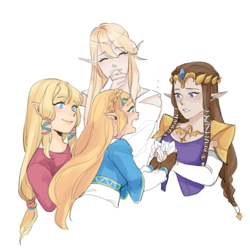 marimarimarine: I forgot how much I love drawing girls ??????? Cuz god damn im so gay for Zeldas,,,  But yeah! Like the Links, they have their own fun, even if their fun is more on the nerdy side :D And Hylia is there too  (•̀7•́)ง  They probably