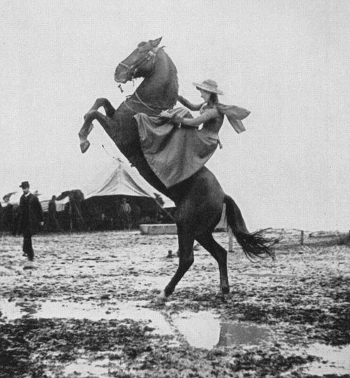 oldschoolpic:Sharpshooter Annie Oakley riding sidesaddle on rearing horse in 1890. by v7o