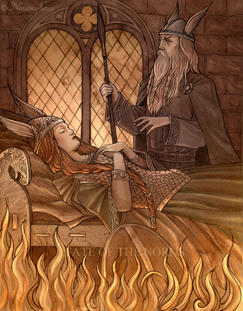 Odin imprisons Brunhilde in a ring of fire. Ink, watercolour, PS.For the upcoming book The Illuminat