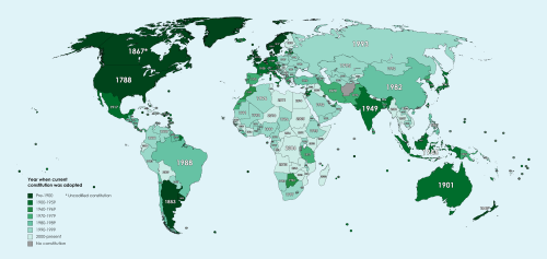 mapsontheweb:  When each country adopted their current constitution