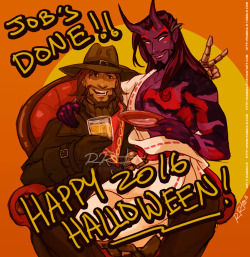 infinite-atmosphere:  ramida-r:Job’s done at last and the adorkable dorks can finally have that drink. Happy Halloween, everyone! I wish I could flush this out some more, but the Halloween deadline crept up. I still wish Jesse had a Halloween skin…