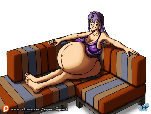 On the Couch Pregnancy SequenceA busty girl in purple lingerie, with purple hair, sitting on a secti