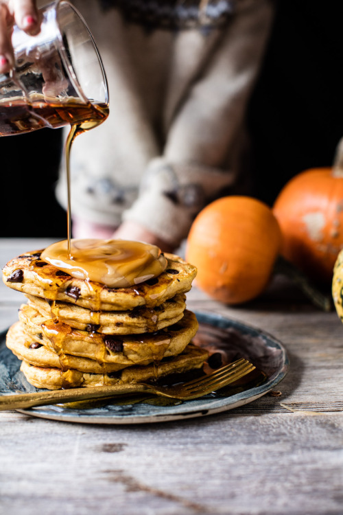 sweetoothgirl:  Chocolate Chip Pumpkin Pancakes with Whipped Maple Butter  