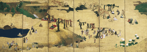 Japanese screen depicting outdoor activities among cherry blossoms and maple trees, 1600s.  Awa