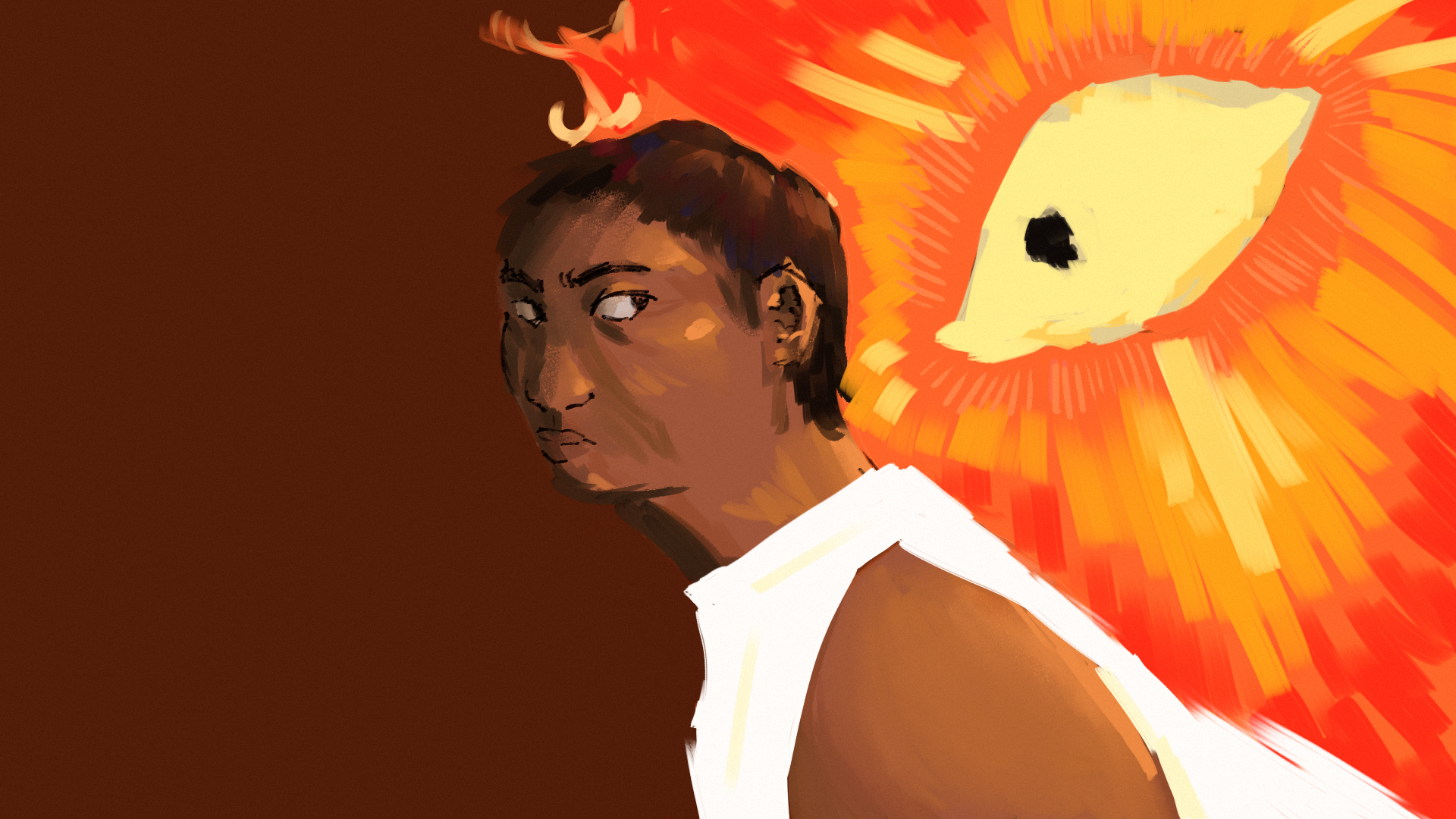 A 3/4s view of a Southeast Asian person with cropped-short hair, looking over their shoulder with resignation at a giant fire with an eye. they are wearing a top that seems as if it's made of pure white light.