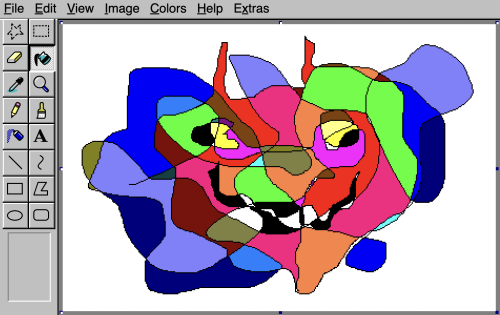 A screenshot of the jspaint.app in-browser MSPaint replica, with one of those classic intersected squiggly line drawings in which each space created by the line crossing over itself is filled in with different bright colours. The vague face of a smiling devil can be seen.