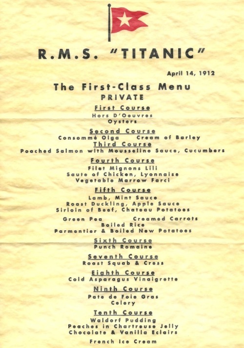 americana-plus: The last dinner served on the Titanic. April 14, 1912.