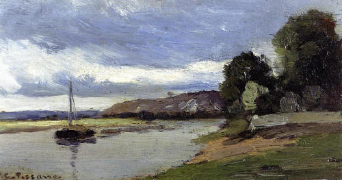 Banks of a River with Barge, 1864, Camille PissarroMedium: oil,canvas