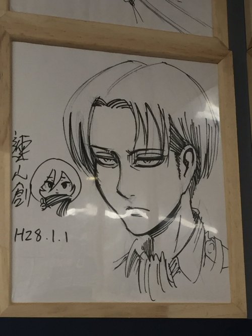 fuku-shuu:   Isayama Hajime’s sketches of Levi and chibi Mikasa, as seen at the Shibaraku Ramen Shop in Fukuoka! ETA (April 12th, 2016): More photos added!  Update (March 10th, 2017): New photo of Isayama’s 2017 New Year’s sketch of Levi at the