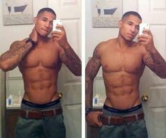 dominicanblackboy:  A sexy gorgeous moment wit hot tatted muscle yummy dick Derek Tramel!😍