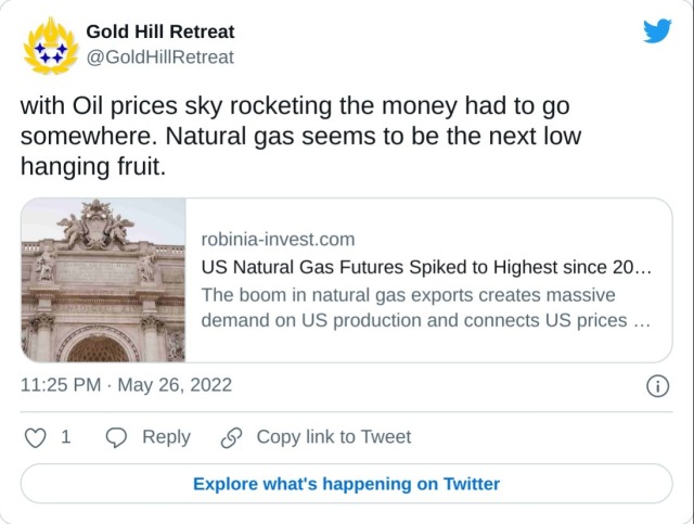 with Oil prices sky rocketing the money had to go somewhere. Natural gas seems to be the next low hanging fruit. https://t.co/s2q6QhxM7U — Gold Hill Retreat (@GoldHillRetreat) May 26, 2022