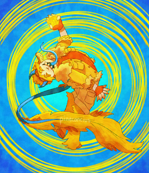 A digital drawing of Tinky/T'noy Karaxis from the Starkid musicals. He is a goat hybrid with hooved feet, goat horns and ears, and a long yellow fluffy tail. He is bending backwards to face the viewer while holding one hand below him and the other hand, holding the Bastards box, is raised above him. He is smiling with sharp teeth and has a long blue tongue that is curling out of his mouth. The background is blue with many overlapping yellow circles.