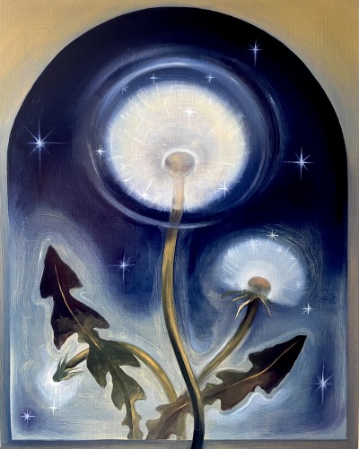 A painting of a dandelion in its seeding state, resembling a full moon against a dark starlit sky under a gold arch. 