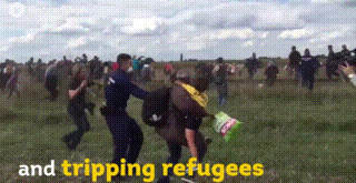 mickislove:   yourtreeman:  kropotkindersurprise:  September 8 2015 -   A Hungarian camerawoman was fired after kicking and tripping refugees, including children, running from the police. She worked for the far-right Jobbik-affiliated channel N1. This