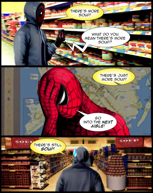 geminidragonjasminealexandra:  SpideyPool Soup These guys get along like soup! Inspired & based on this video. Wonder where is this soup store is? 