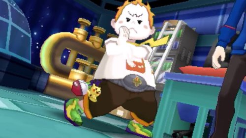 The Electric-type Trial Captain Sophocles strikes the same pose as the trainer when using an Electri