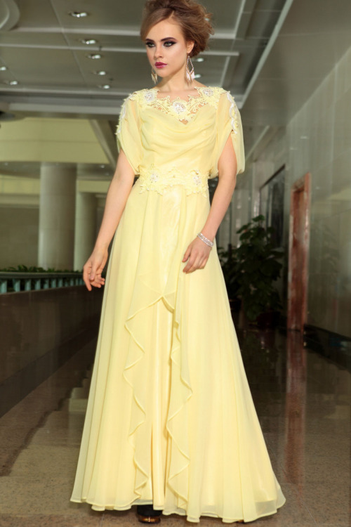 Gorgeous Yellow Lace Embellished Ruffled A-line Long Evening Formal Dress