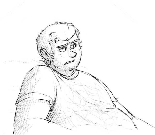 Digital sketch of Martin, a fat white man with short hair and a small beard, seen from the chest up. He's looking apprehensively to the right, and seems to be leaning back, though there's no background drawn. He's wearing a t-shirt with a faded spiderweb design on it. The shading is crosshatched. 