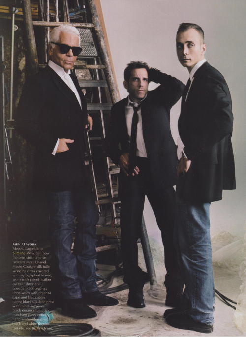 Karl Lagerfeld, Ben Stiller / Derek Zoolander and Hedi Slimane, making plans. Oct 1, 2001.