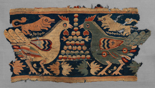 theancientwayoflife:~ Fragment of Wall Hanging with confronted cocks and running dogs.Date: A.D. 4th
