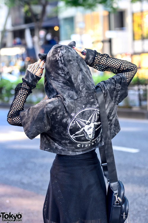 tokyo-fashion:  20-year-old  apparel industry staffers Paseri and Sio on the street in Harajuku wearing fashion including a KRY Clothing cropped hoodie with ears, Qooza accessories, a Killstar bag, Jamie Ank platforms, Funky Fruits, Shiro Neko, and Thank