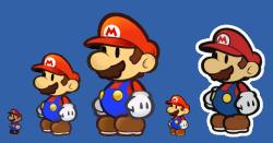 suppermariobroth:  Comparison between the actual size of Mario’s sprite in the Paper Mario series. From left to right: Paper Mario; Paper Mario: The Thousand-Year Door; Super Paper Mario; Paper Mario: Sticker Star; Paper Mario: Color Splash.