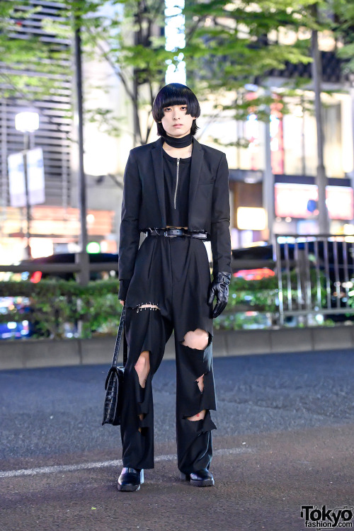 19-year-old Japanese student Kagetora on the street in Harajuku. His look includes a cropped blazer 