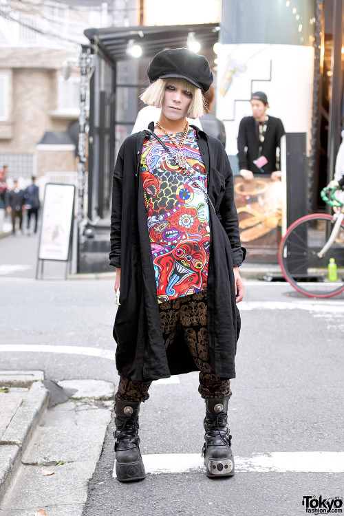 Ellen on the street in Harajuku wearing a Dog Harajuku shirt with Monomania pants, New Rock boots, a