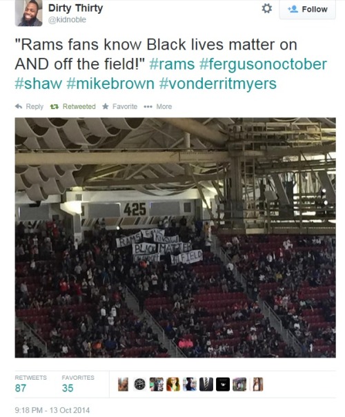 jeankd:ashleighthelion:iwriteaboutfeminism:Ferguson protesters take their message to the Rams game!M