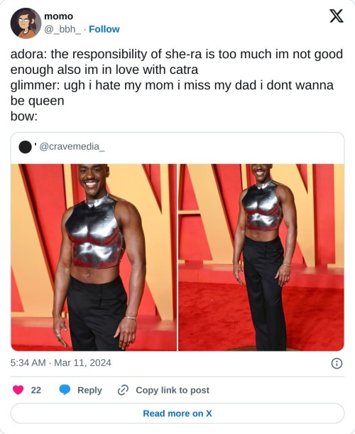 adora: the responsibility of she-ra is too much im not good enough also im in love with catra
glimmer: ugh i hate my mom i miss my dad i dont wanna be queen
bow: https://t.co/77iyipQL22
— momo (@_bbh_) March 11, 2024