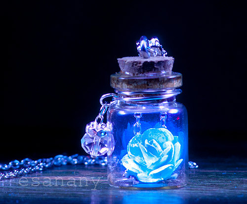 wickedclothes:  Sky Blue Glowing Rose Necklace Inside of this glass vial is a lovely