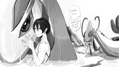 diaemyung:  Free! x Pokemon (Click the images for larger size). Story of Haruka and Feebas  Haruka met Feebas when he was young. He finally evolved when Haru is Grade 12, but he was too big to stay at home. In the end, Haru decided to let him live in