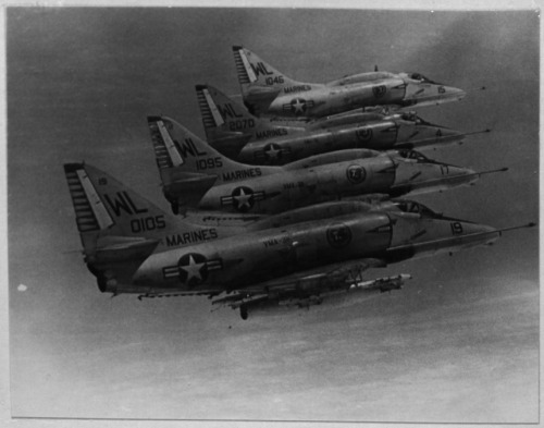 A4-E Skyhawk jets from Marine Fighting Squadron 311 fly in formation, 3/11/1971File Unit: Divider/Su