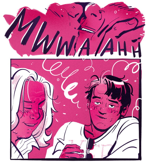 Two weird kinda comic panels in pink. In the first one there is a close up of two mouth kissing with caption MWWAAHH, in the second panel college era Foggy's laughing and Matt have a silly, and kinda pleased expression, little spirals in this eyes, glasses hanging on a collar of his t shirt.