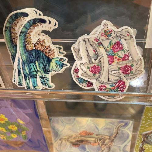 My #stegasaurus #kitten and my #snake #teaset #stickers now available at @popofcolor_art. . . #pop