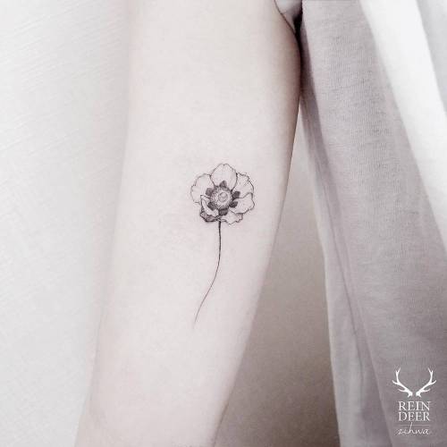 tattoofilter: Inner arm tattoo of a poppy. Tattoo artist: Zihwa