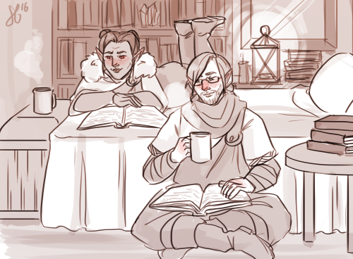 two dragonborn dorks and their favourite travelling companions :’)aeronir (tall blushy nerd) i