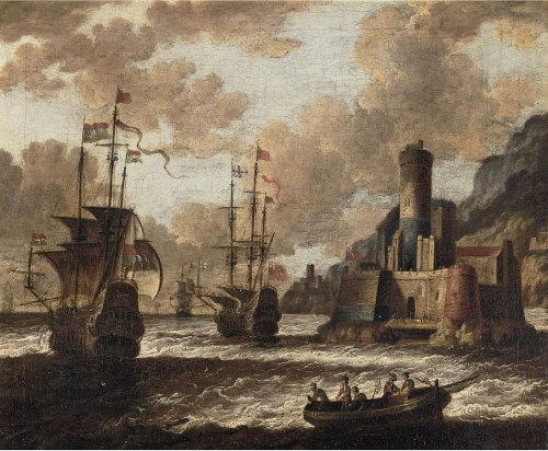 Peter van de Velde - Dutch and English Man O'War off the coast near a fortified town - oil on canvas